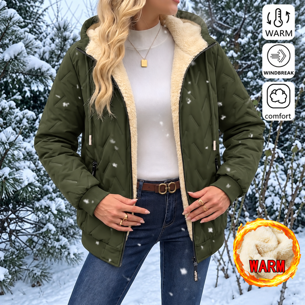 Women’s Winter Fleece-Lined Hooded Jacket – Warm Lightweight Windproof Casual Coat for Outdoor & Everyday Wear