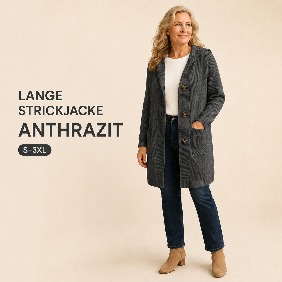 🌸Damen Strickjacke mit Kapuze und Knöpfen