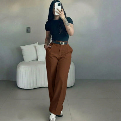 Damen-Hose mit hohem Bund und geradem Bein – fließende, elegante Anzughose mit lässigem Schnitt, für Büro und Alltag, mit figurformendem Effekt