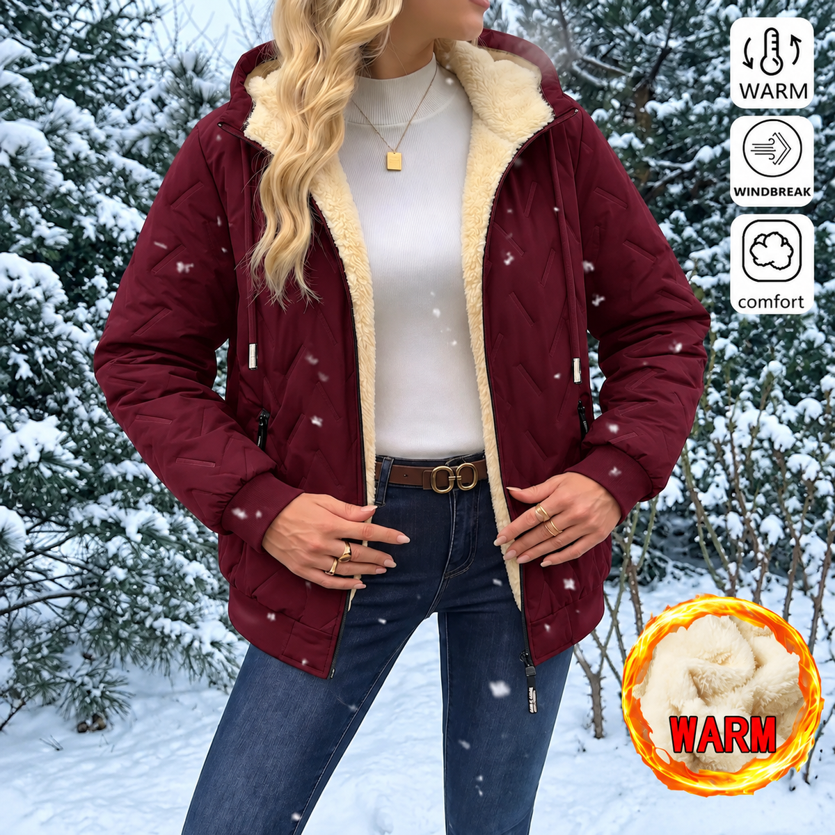 Women’s Winter Fleece-Lined Hooded Jacket – Warm Lightweight Windproof Casual Coat for Outdoor & Everyday Wear