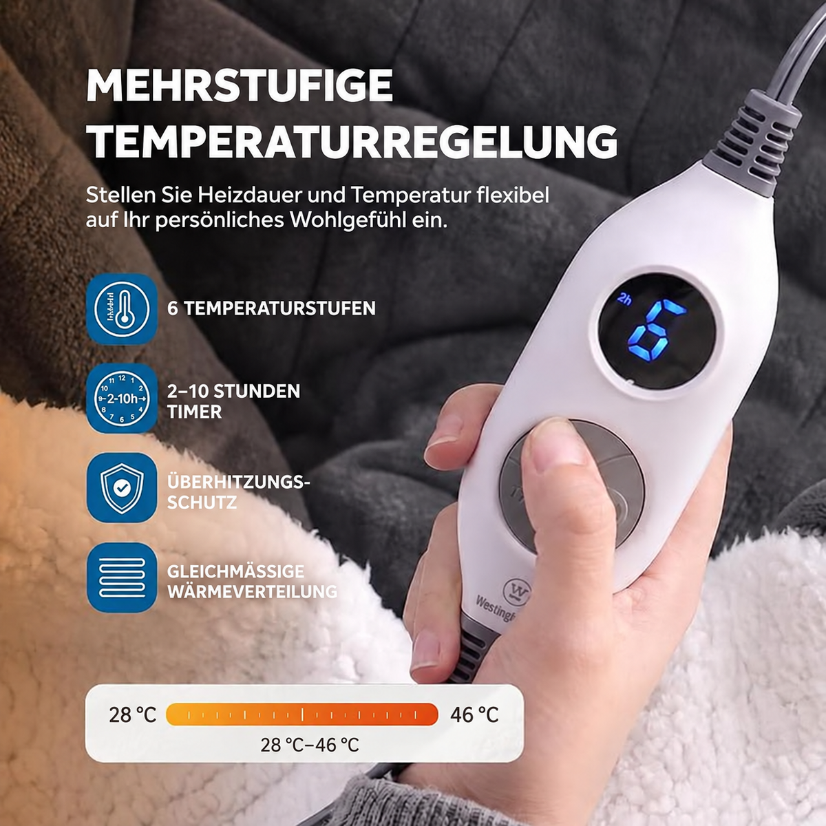 Beheizbare Kapuzendecke mit Fußtasche & Sherpa-Futter – Überhitzungsschutz und Abschaltautomatik