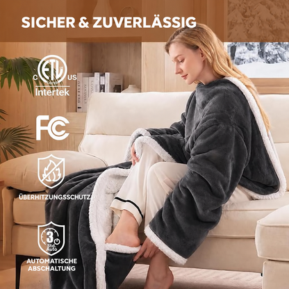 Beheizbare Kapuzendecke mit Fußtasche & Sherpa-Futter – Überhitzungsschutz und Abschaltautomatik