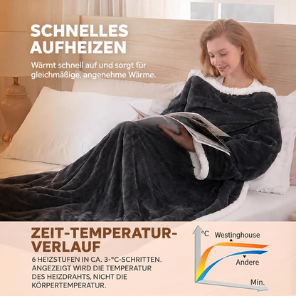 Beheizbare Kapuzendecke mit Fußtasche & Sherpa-Futter – Überhitzungsschutz und Abschaltautomatik