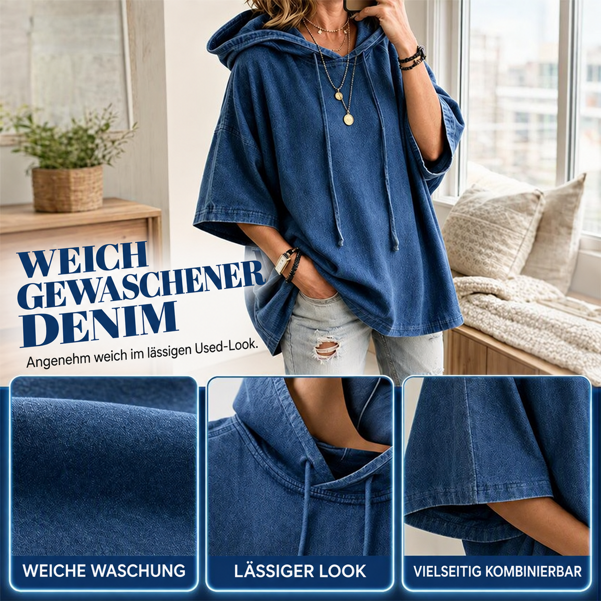 👚 50 % RABATT | Lässig, locker & unkompliziert – Damen Denim-Hoodie in entspannter Passform