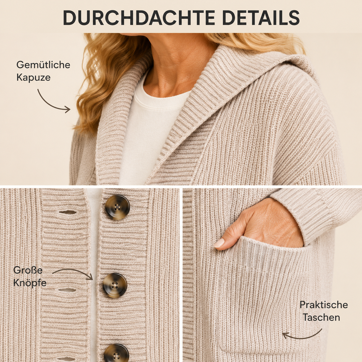 🌸Damen Strickjacke mit Kapuze und Knöpfen
