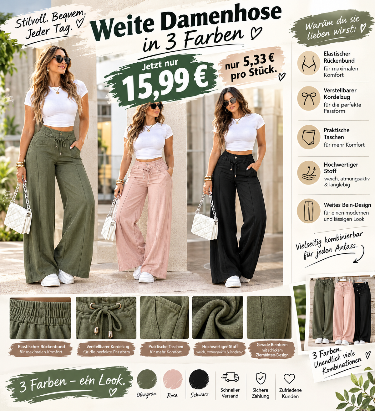 Damenhose mit hoher Taille und geradem Bein – Vordernaht & elastischer Bund hinten – Vielseitig, bequem & perfekt fürs Büro oder die Freizeit
