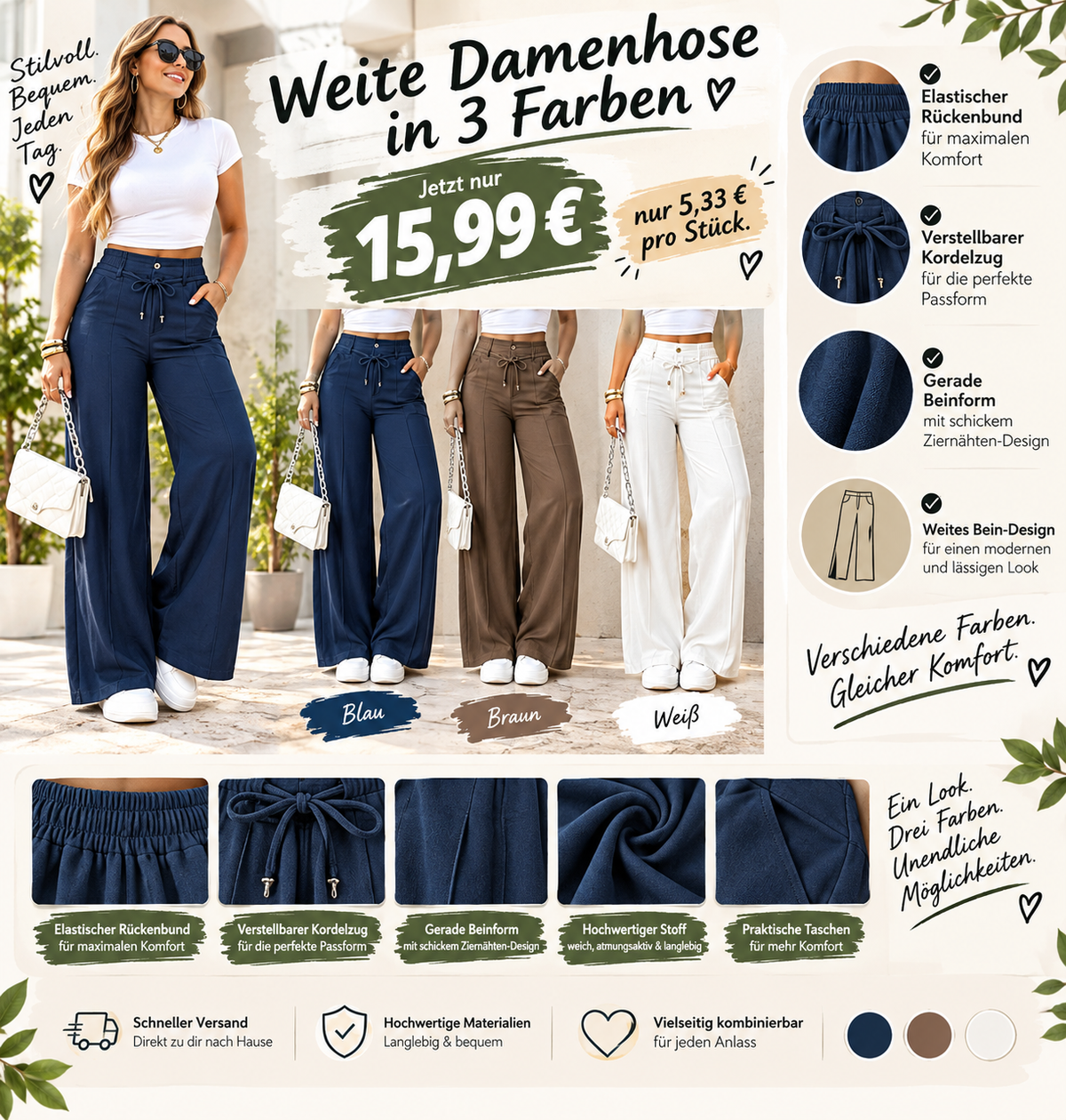 Damenhose mit hoher Taille und geradem Bein – Vordernaht & elastischer Bund hinten – Vielseitig, bequem & perfekt fürs Büro oder die Freizeit