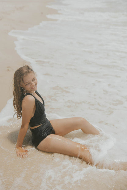 Midnight Top | Plunge Neck Black Tankini Top with Tie Back