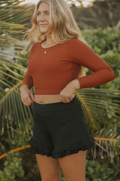 Obsidian High Waisted Swim Shorts | Ribbed Ruffled Swim Shorts with Built In Liner