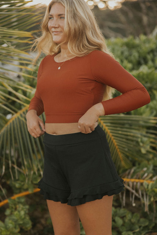Obsidian High Waisted Swim Shorts | Ribbed Ruffled Swim Shorts with Built In Liner