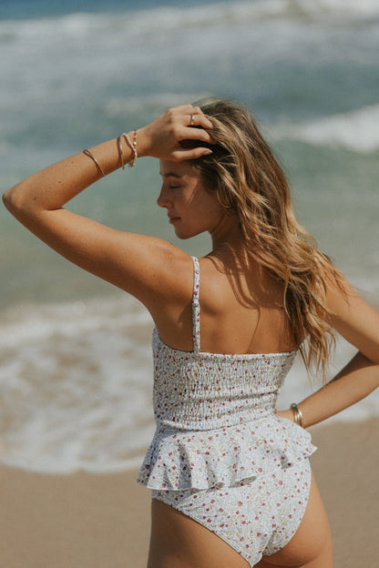 Amelia Top | Shirred White Floral Peplum Tankini Top