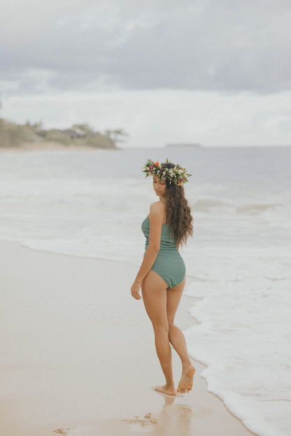 Oahu High Waisted Bottoms | Green Crinkle Textured Bikini Bottoms