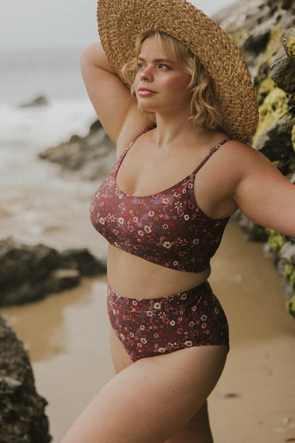Charlotte High Waisted Bottoms | Maroon Ditsy Floral Swim Bottoms