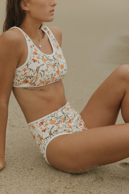 Costa High Waisted Bottoms | Neutral Wildflower Print Bikini Bottoms