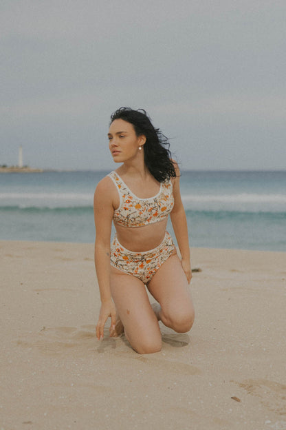Costa Bikini Top | Wildflower Print Swim Top with White Trim