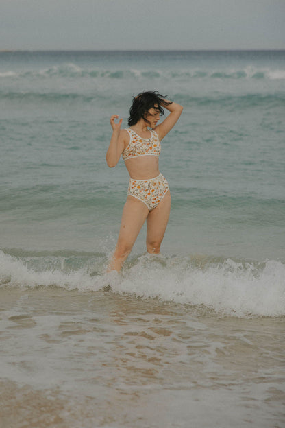 Costa Bikini Top | Wildflower Print Swim Top with White Trim