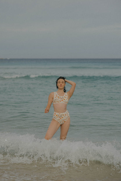 Costa High Waisted Bottoms | Neutral Wildflower Print Bikini Bottoms