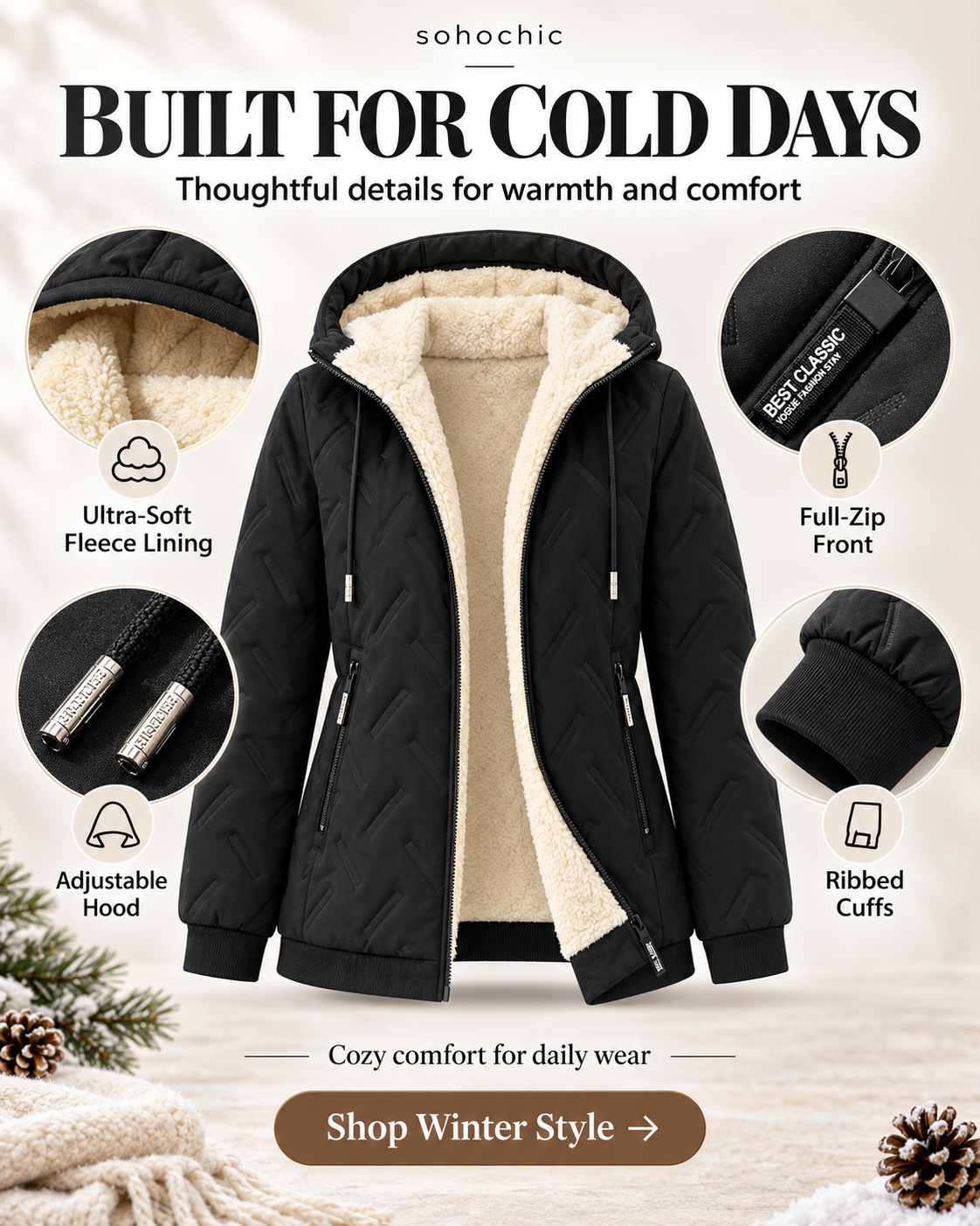 Women’s Winter Fleece-Lined Hooded Jacket – Warm Lightweight Windproof Casual Coat for Outdoor & Everyday Wear