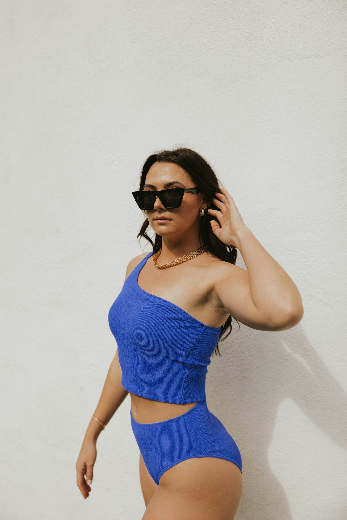 Indigo Top | Crinkle Textured One Shoulder Tankini Top