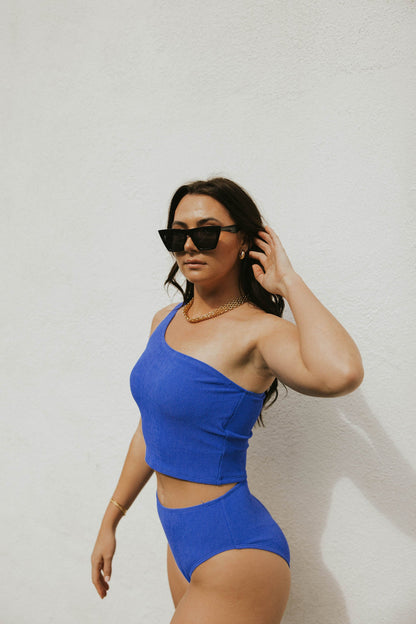 Indigo Top | Crinkle Textured One Shoulder Tankini Top